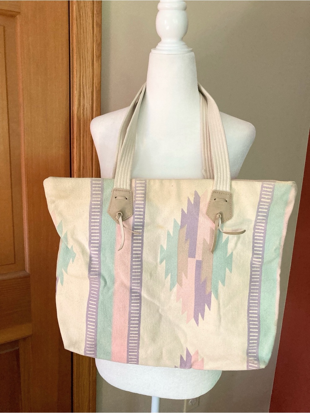 Vintage 80s 90s Bag Bazaar Neutral Pastel Aztec Canvas Tote Bag